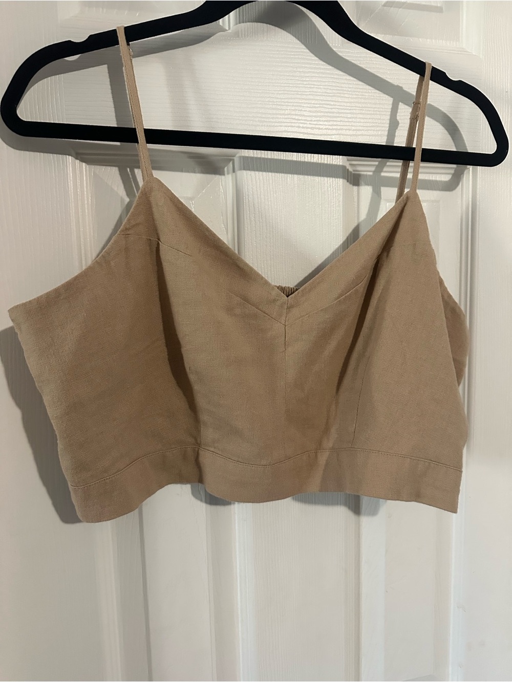 Beige Linen-Blend Spaghetti Strap Crop Top